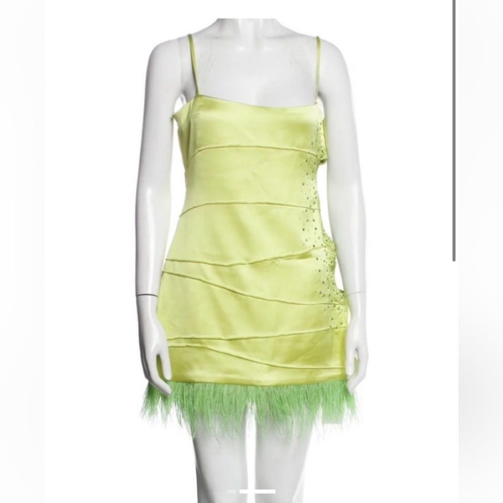 Danielle Guizio Green Feather-Hem Satin Slip Dress rhinestones cut out Revolve